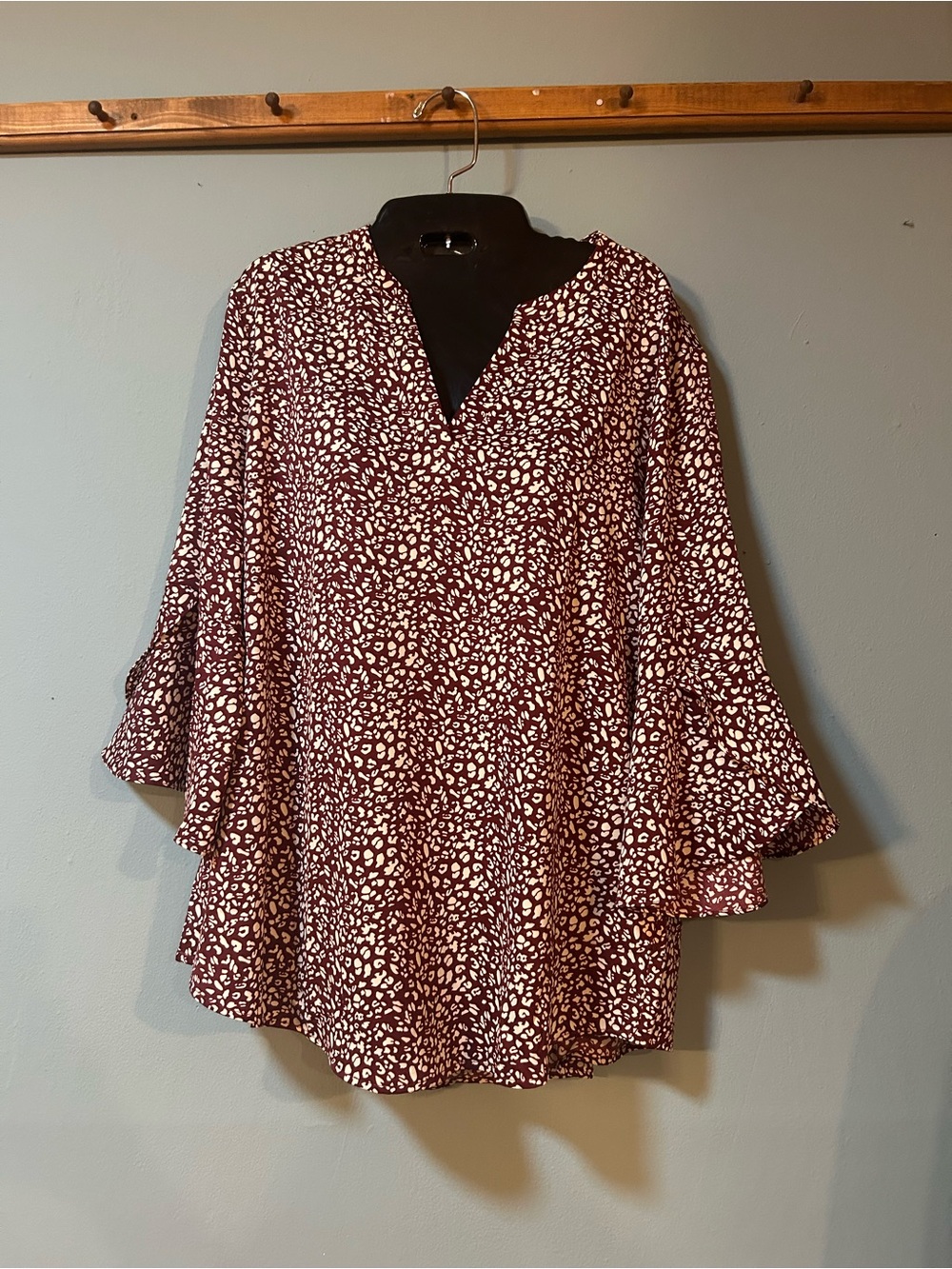 Women's Burgundy Animal Printed V-Neck Ruffle Sleeve Top